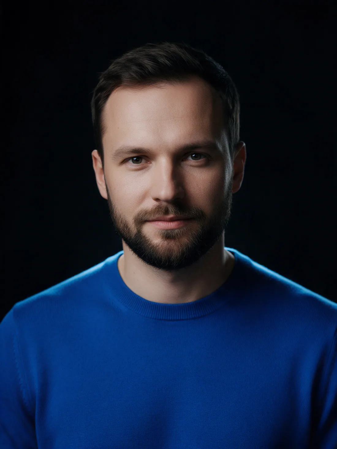 Portret przedsiębiorcy w kobaltowym swetrze na czarnym tle