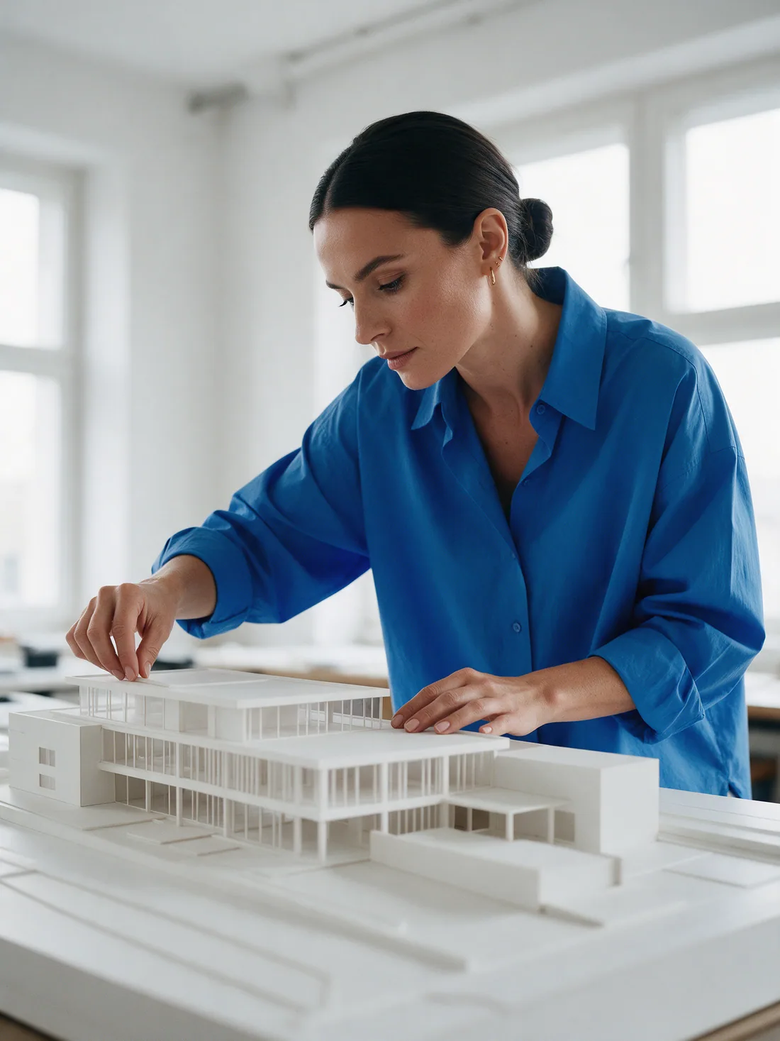 Architektka w kobaltowej koszuli dopracowuje makietę budynku